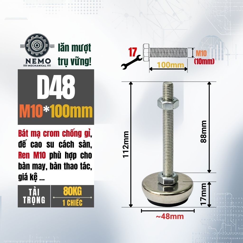 Chân Tăng Chỉnh Bát Thép Mạ Crom – Thẩm Mỹ Cao, Chống Rỉ Sét & Cân Bằng Thiết Bị (M8, M10, M12)